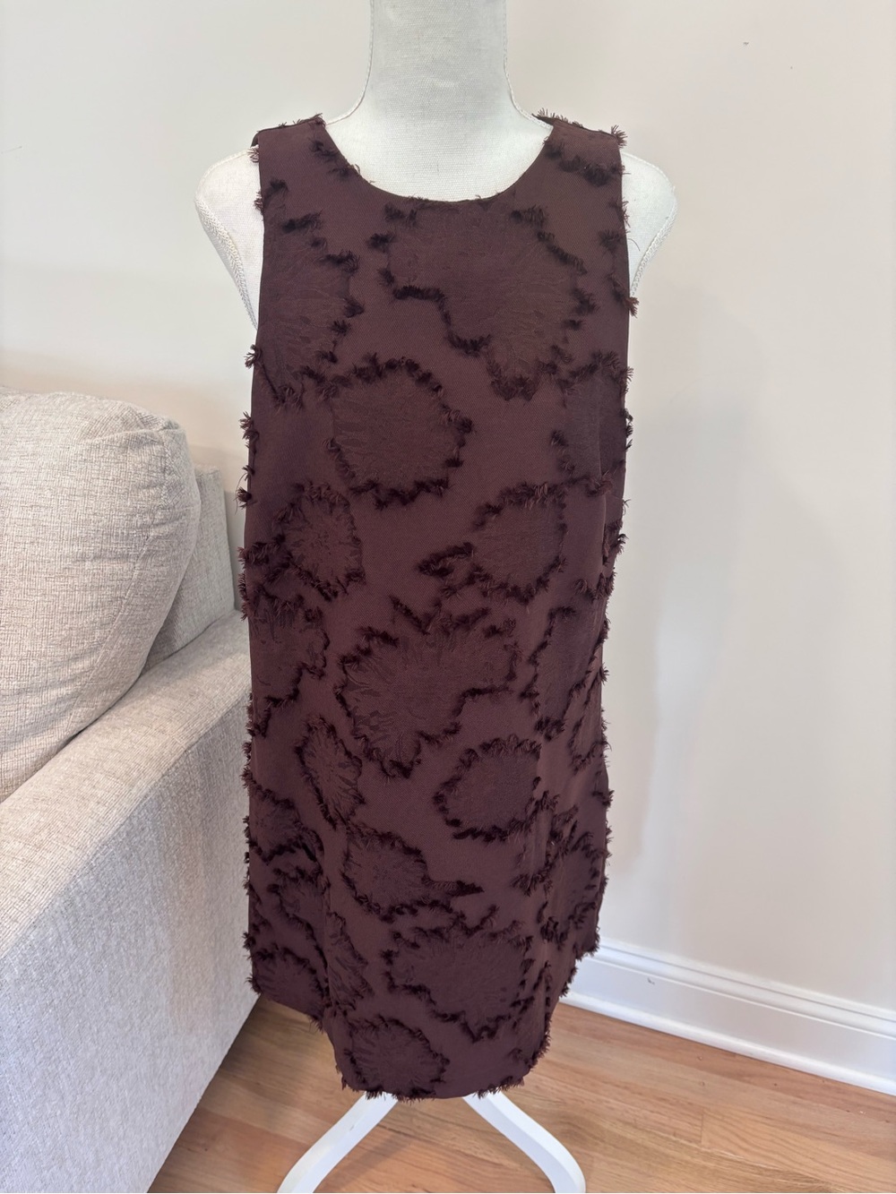 Zara Chocolate Brown Fringe Textured Mini Shift Dress size XL